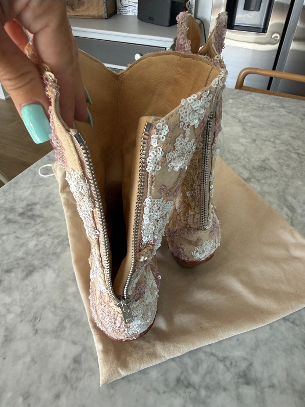 Momo New York Beige & Pink Sequin Embroidered artisan made Women's Boots - Picture 8 of 8